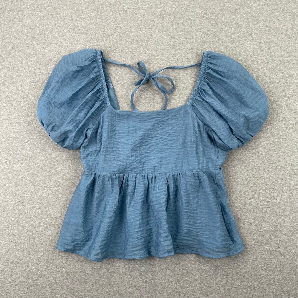 Melrose and Market Puff Sleeve Babydoll Top XS Blue Provincial Open Back Peplum